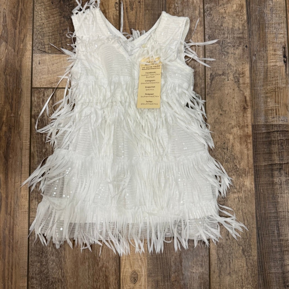 Southern Fried Chics Girls White‎ Fringe Sequin Dress Size 2 Boutique Pageant